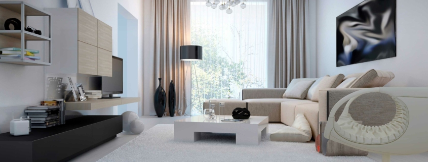 white modern living room with white coffee table and white throw rug.