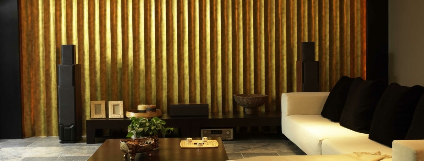 gold living room with gold shades