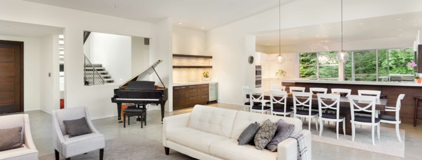 dining and living room combo with grey area rug.