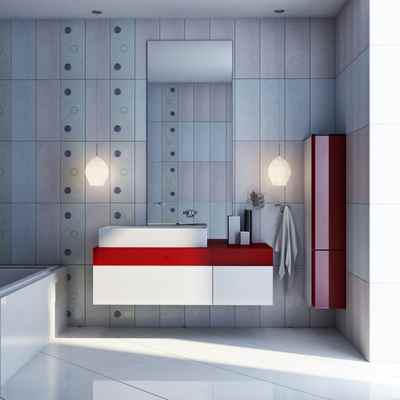 bathroom with red counter tops and white floors