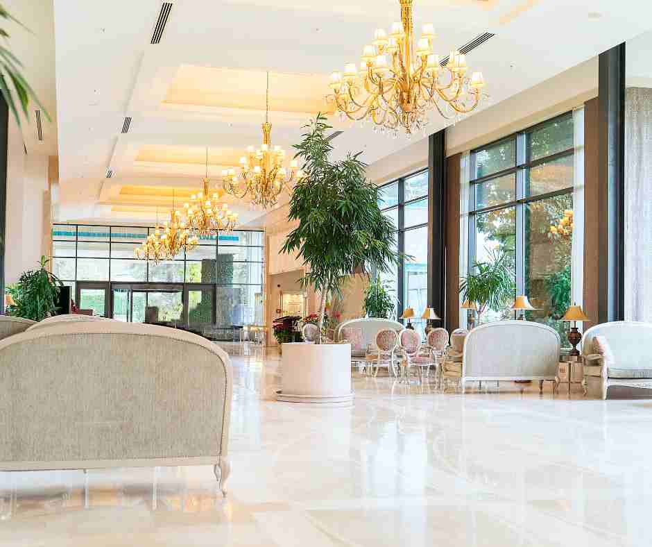 hotel lobby with white chairs